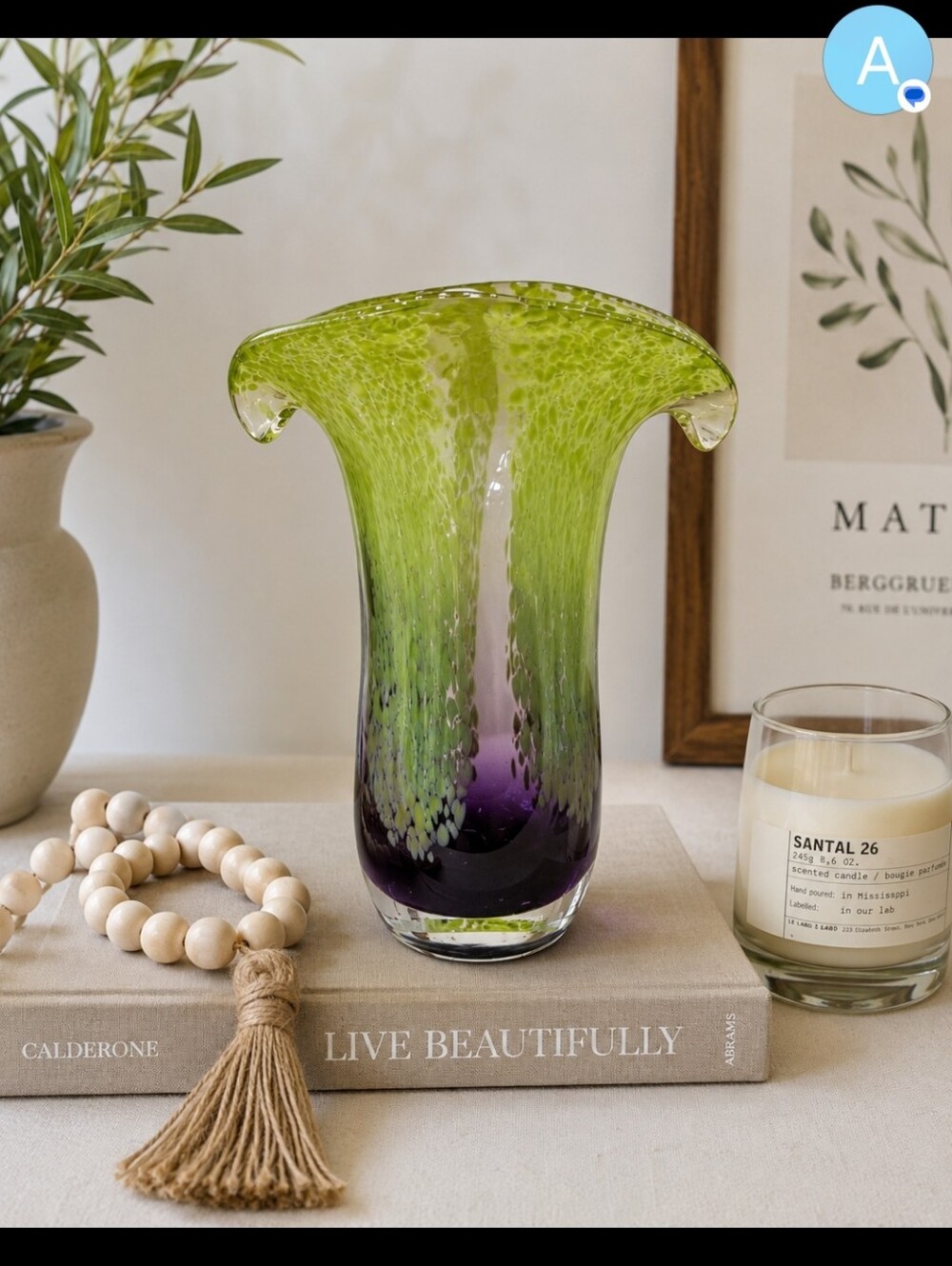 Green Purple Art Glass Vase Murano Style Hand Blown